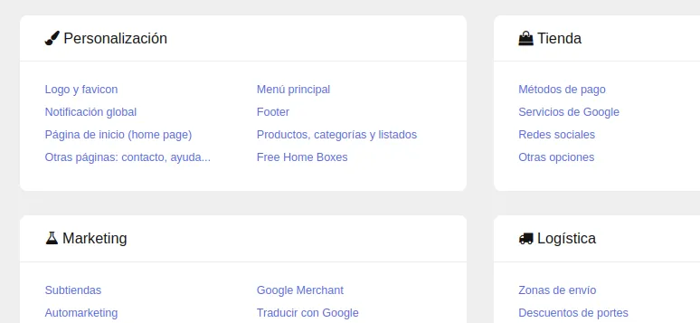 Nueva caja para personalizar la tienda en Configuración