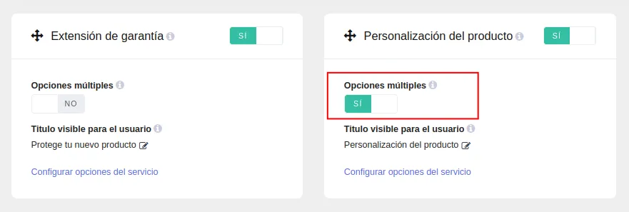 Selección múltiple en los servicios adicionales