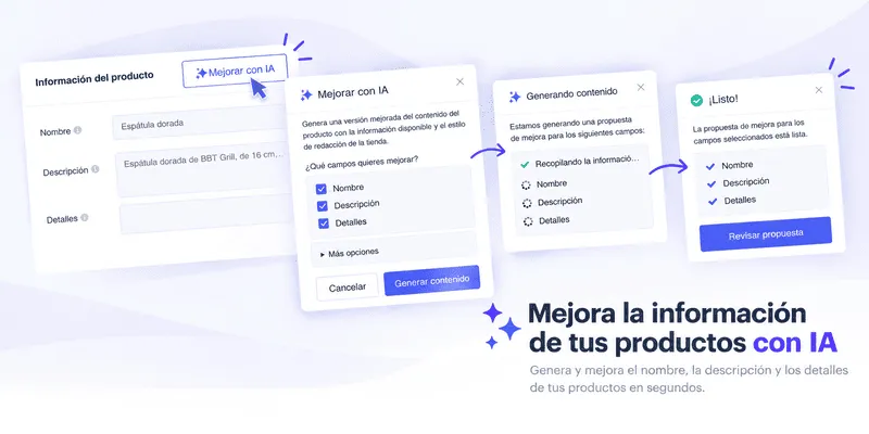 Flujo del botón «Mejorar con IA»: elegir campos, generar contenido y revisar la propuesta