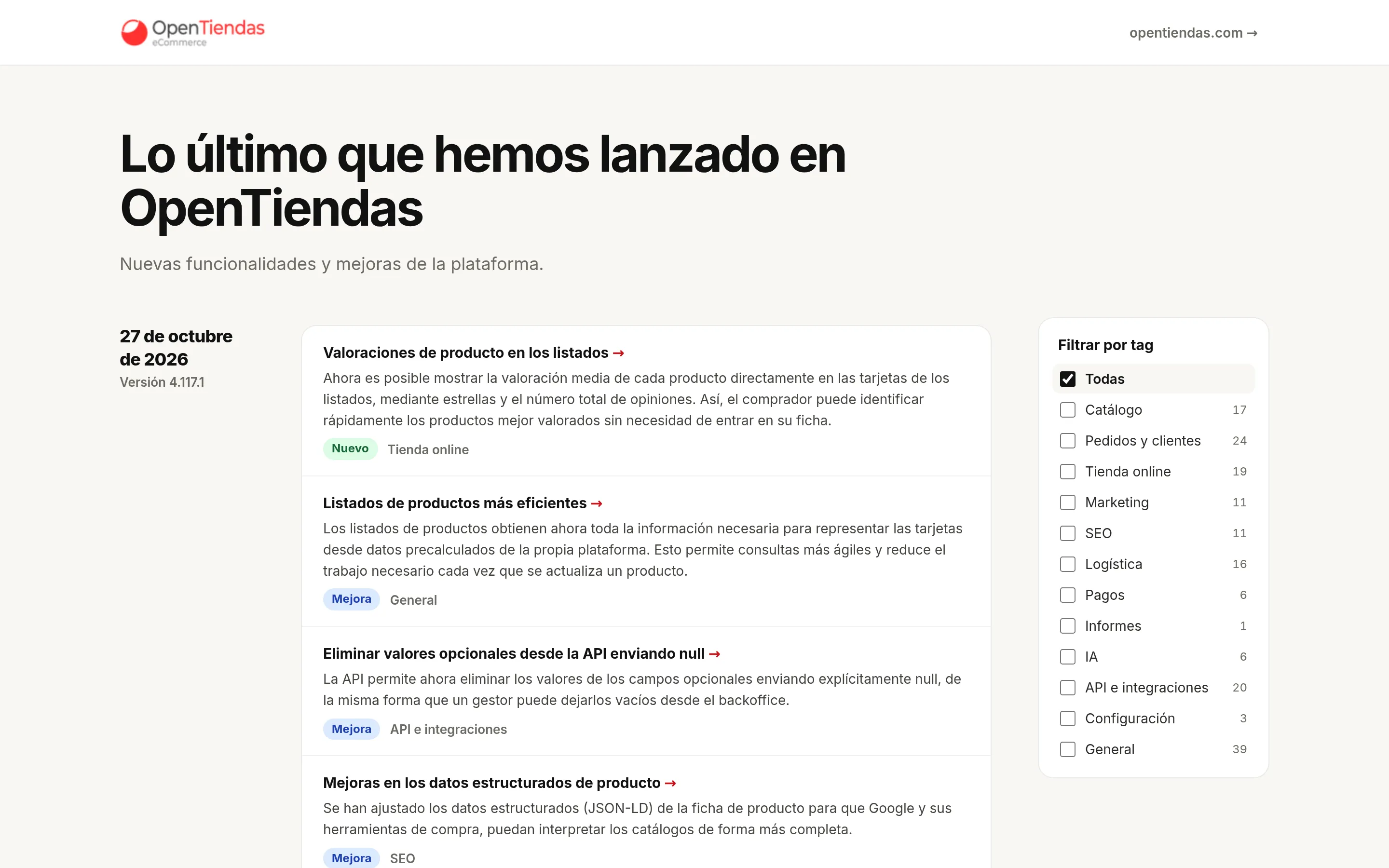 Portada de la nueva web de novedades de OpenTiendas, con las novedades de la 4.117.1 y el filtro por tags